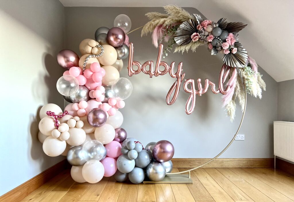 Baby shower balloon arch for a Baby Girl.